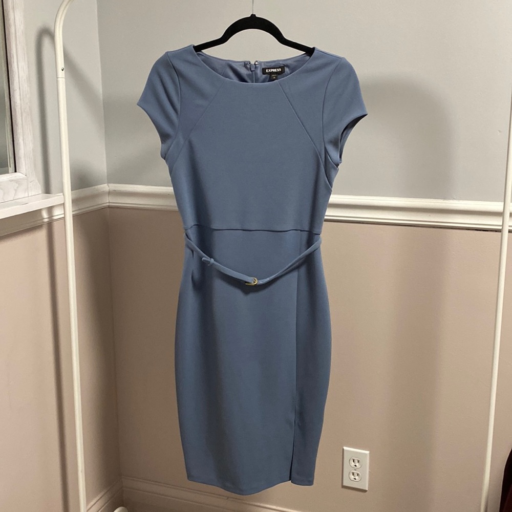 Express Dusty Blue Midi Short Sleeve Belted Pencil/Body Con Dress